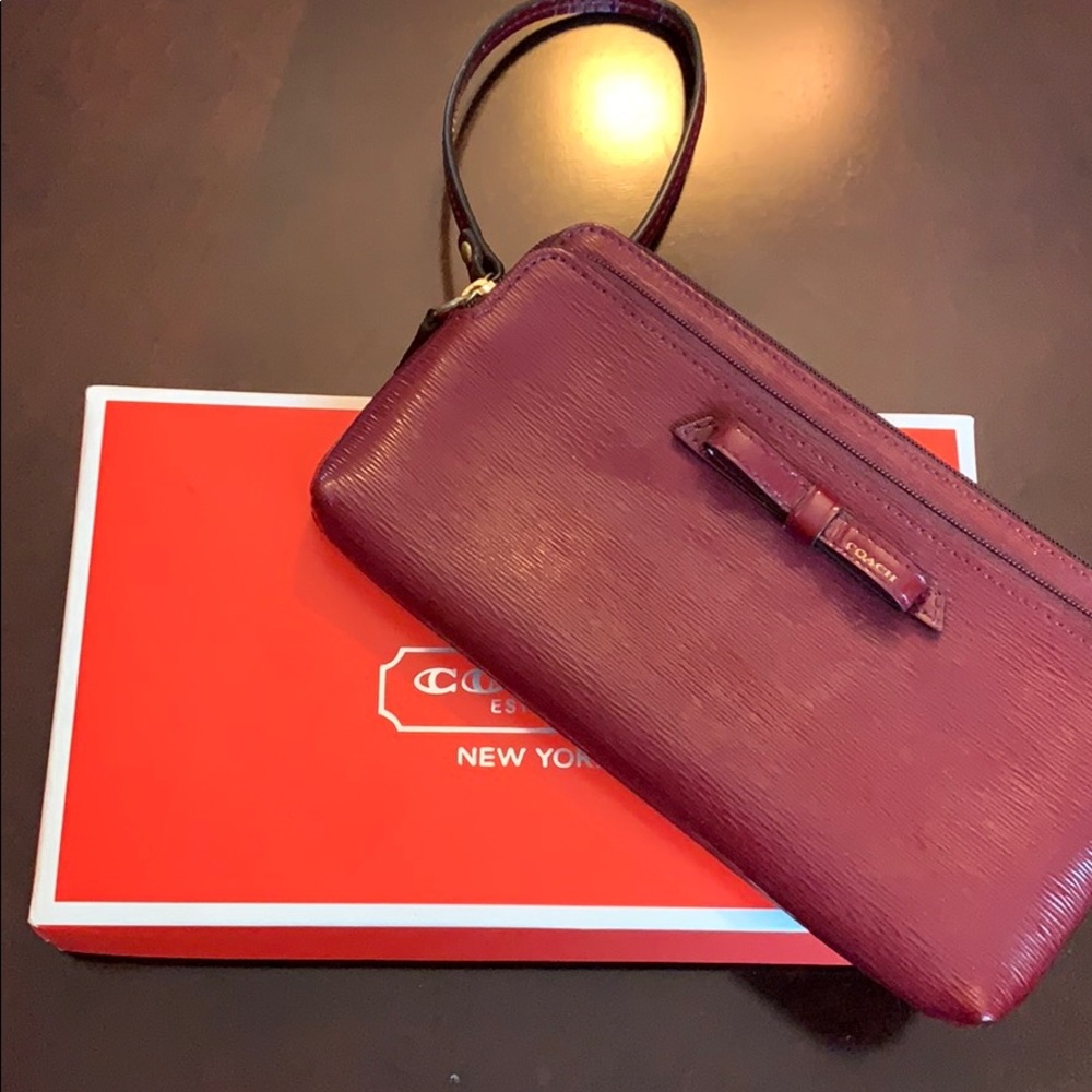 Coach Leather Wristlet with Bow - Maroon With BOX